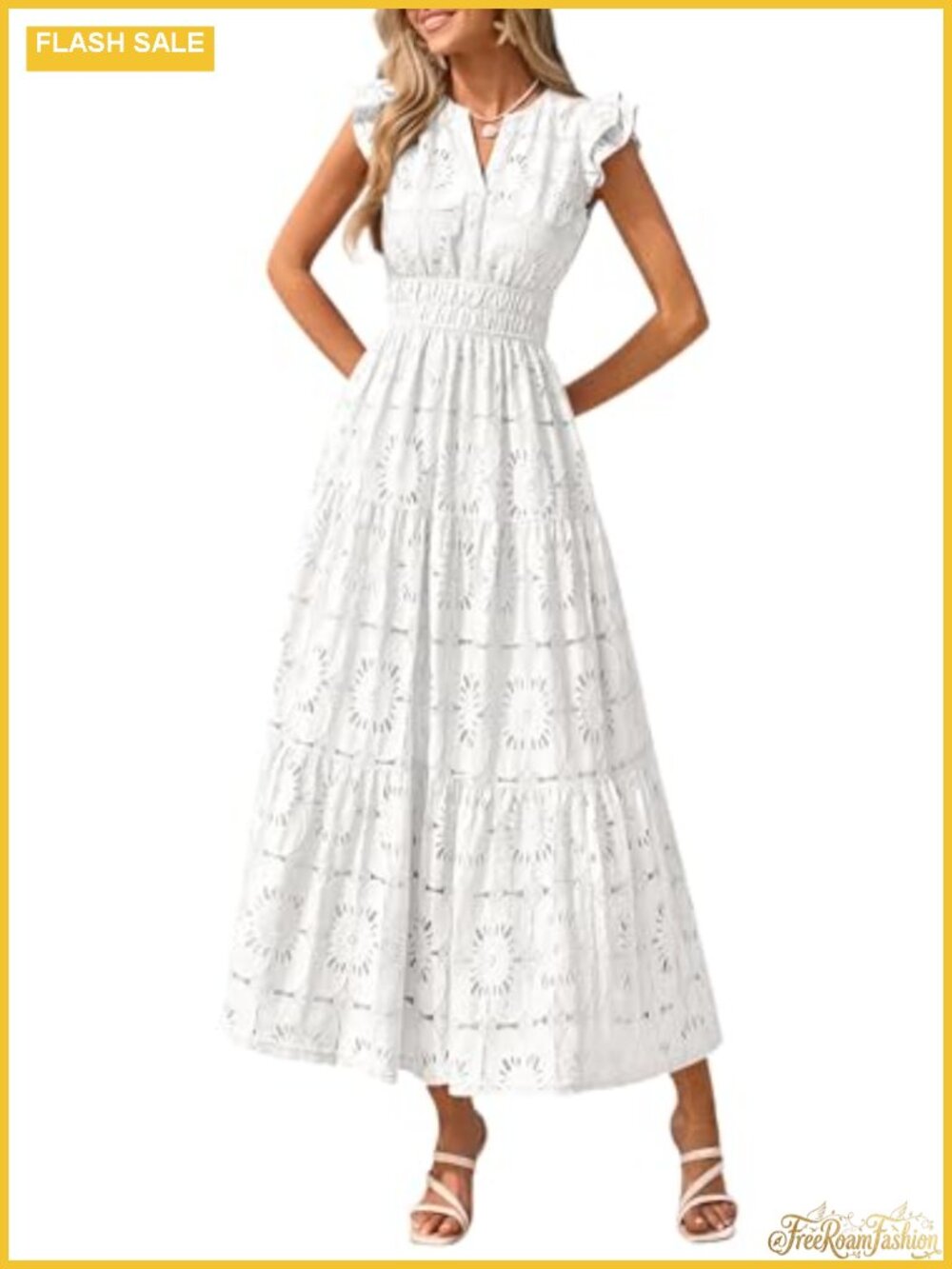 Women's Boho Eyelet Flutter Sleeve V-Neck Maxi Dress - Lace Tiered Fit Flare